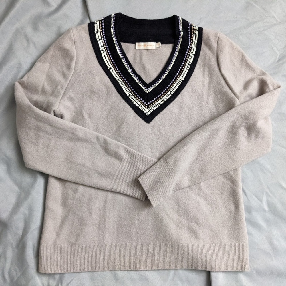Tory Burch Beige and Black V-Neck Sweater Size XL